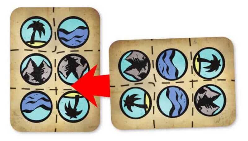Nobeard's Treasure cards in play, showing a card being rotated to match another card.