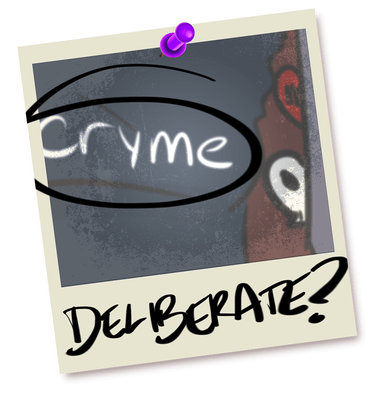 Illustration in the style of a Polaroid photo pinned to a wall. It shows a close-up of somebody's tattooed arm and shirt, which has the word 'cryme' printed in big letters. The word is circled in marker and the polaroid is simply labelled 'deliberate?'.