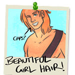 Illustration in the style of a Polaroid photo pinned to a wall. It shows a young shirtless guy with a messenger bag strap across his body, smiling and winking at the viewer. The label 'beautiful girl hair' is scribbled on in thick marker, as well as a note pointing to his teeth reading 'caps?'.