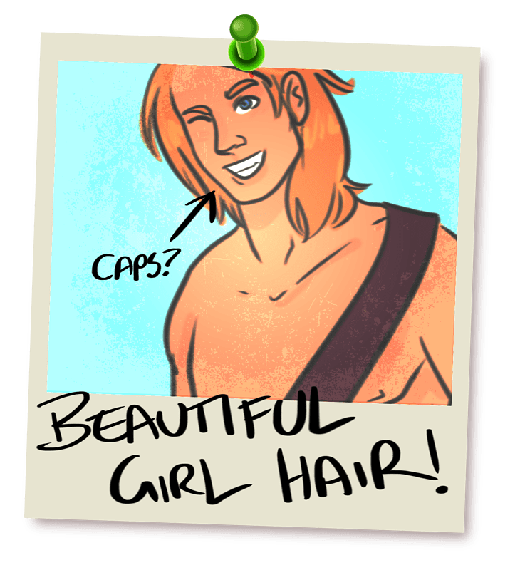 Illustration in the style of a Polaroid photo pinned to a wall. It shows a young shirtless guy with a messenger bag strap across his body, smiling and winking at the viewer. The label 'beautiful girl hair' is scribbled on in thick marker, as well as a note pointing to his teeth reading 'caps?'.