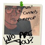 Illustration in the style of a Polaroid photo pinned to a wall. The poorly-framed shot shows a bespectacled androgynous person of ambiguous ethnicity. 'Who ARE you' is written on in thick marker text, along with the scribbled notes 'wig?', 'contacts' and 'makeup' pointing to various parts of the photo.