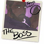 Illustration in the style of a Polaroid photo pinned to a wall. It shows a man looking back at something out of shot, tapping his forefingers together as if in thought. A scribbled on label reads 'the boss', and a note on the photo circles his hands and suggests 'gang sign?'.