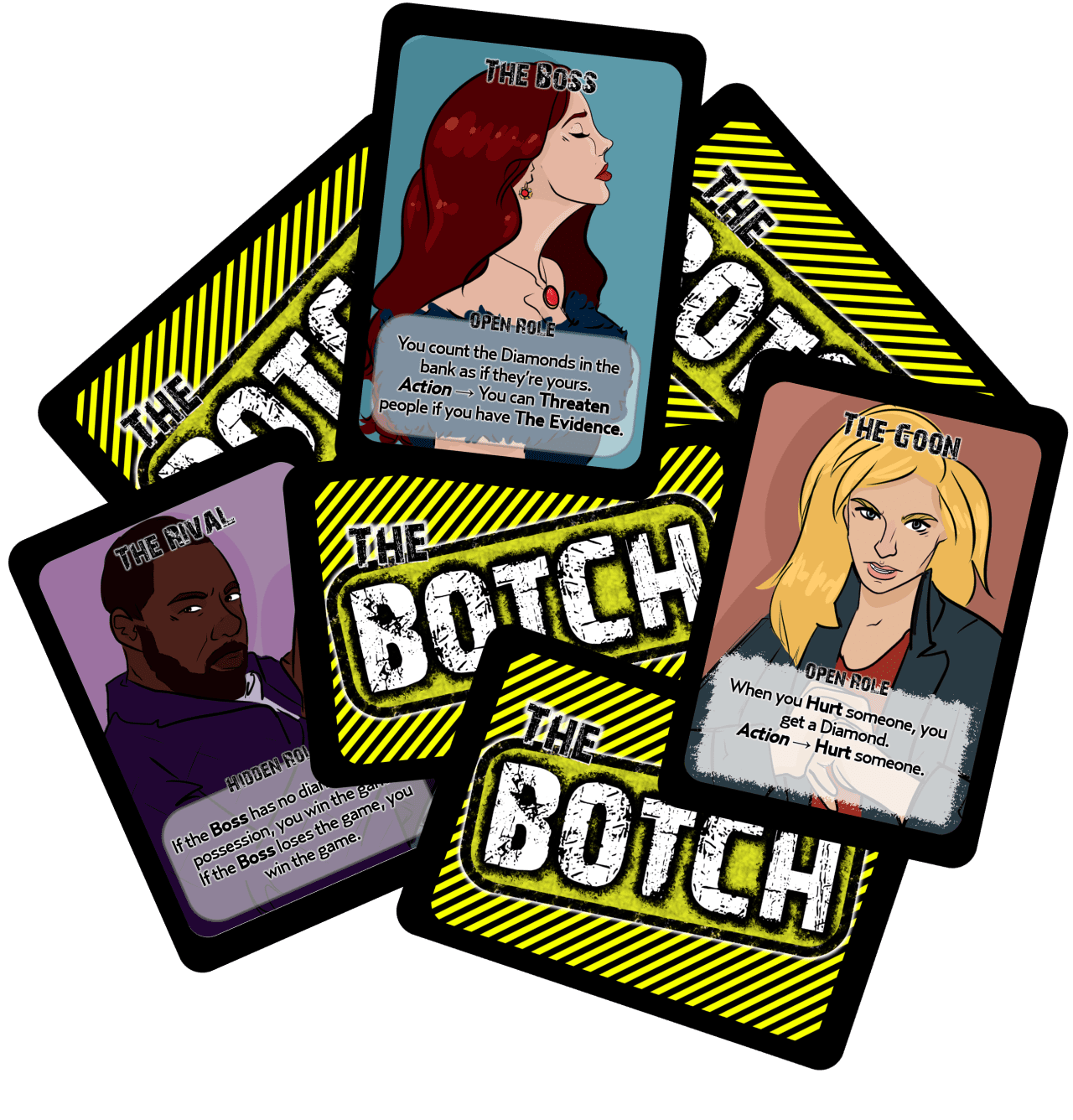 A mock-up image showing the fronts and backs of several Botch cards in a messy pile.
