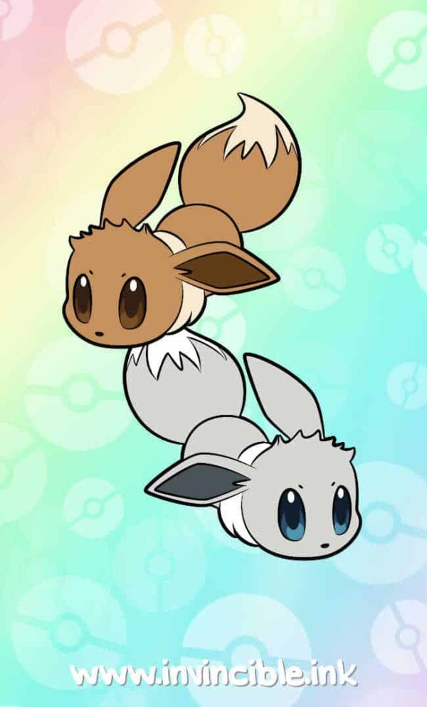 Design for Eevee bean charm showing normal and shiny colours